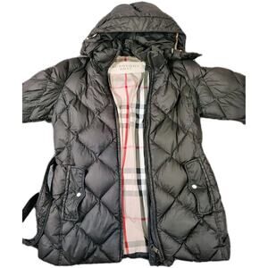 Burberry Brit Puffer Down Coat Jacket Women's Large Black Mid Length Designer